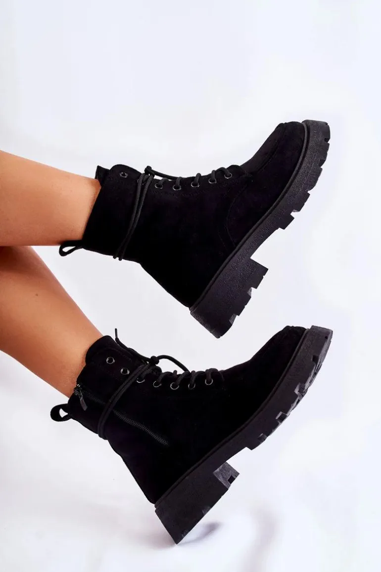 Damskie Zamszowe Botki Wiązane Czarne Vanita