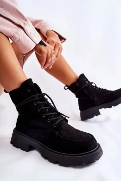 Damskie Zamszowe Botki Wiązane Czarne Vanita