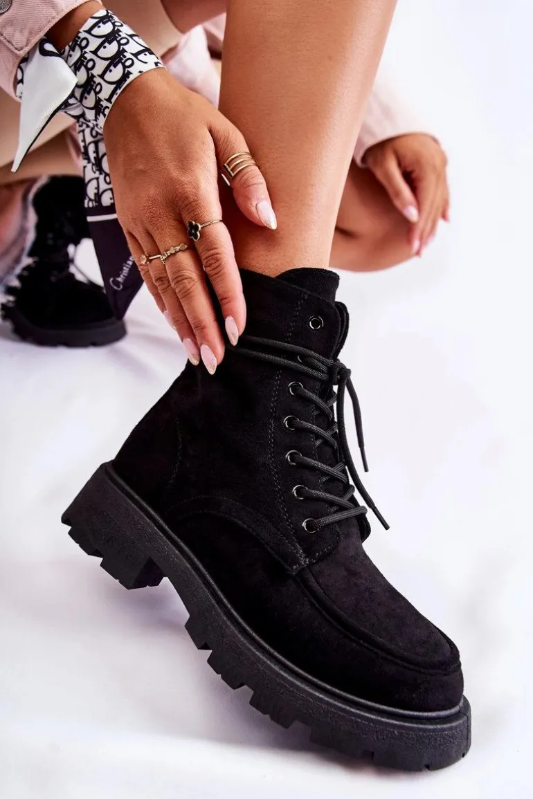 Damskie Zamszowe Botki Wiązane Czarne Vanita