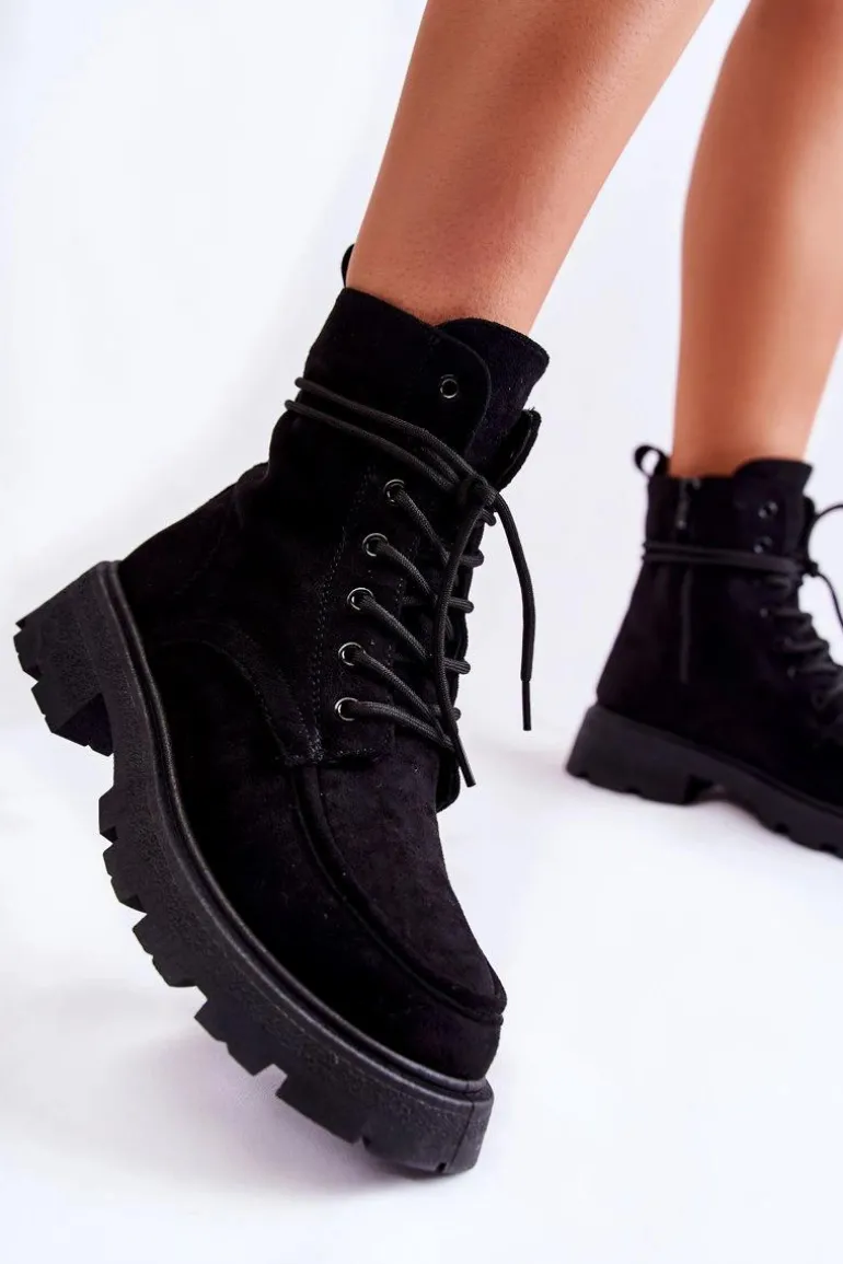 Damskie Zamszowe Botki Wiązane Czarne Vanita