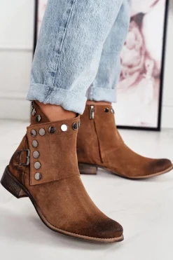 Damskie Zamszowe Botki Z Klamrą Exquisite 1198 Koniak