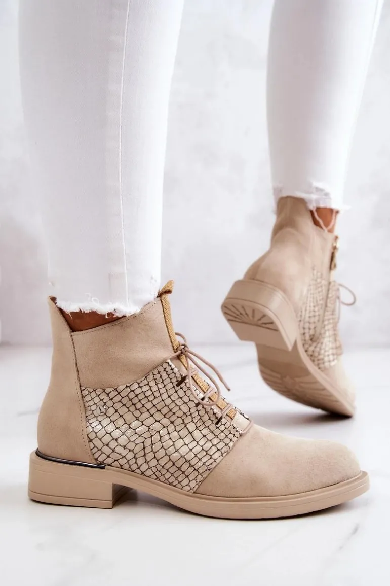 Damskie Zamszowe Botki Z Wężowym Wzorem Jasnobeżowe Lemar Sonroe