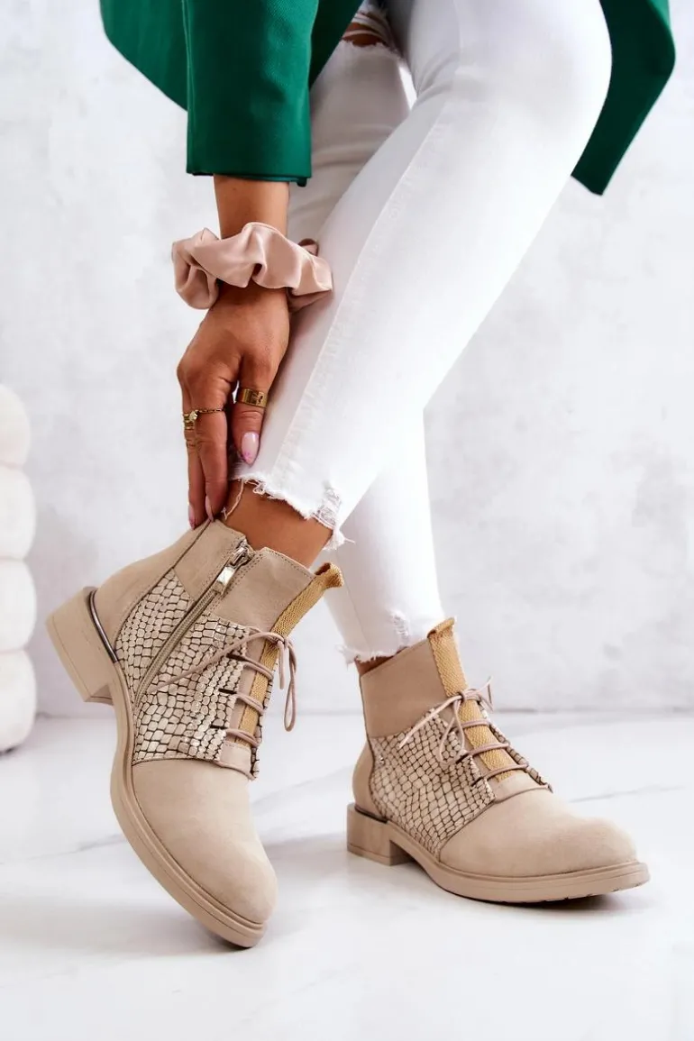 Damskie Zamszowe Botki Z Wężowym Wzorem Jasnobeżowe Lemar Sonroe