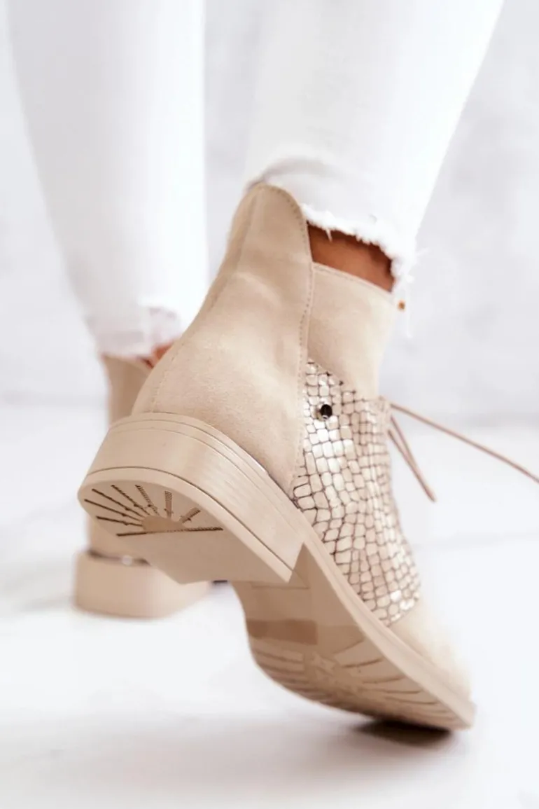 Damskie Zamszowe Botki Z Wężowym Wzorem Jasnobeżowe Lemar Sonroe