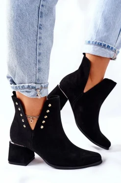 Damskie Zamszowe Botki Z Wycięciami Lewski Czarne 3074/B