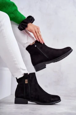 Damskie Zamszowe Botki Z Ozdobą Czarne Giana