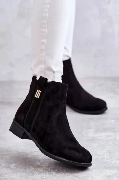 Damskie Zamszowe Botki Z Ozdobą Czarne Giana