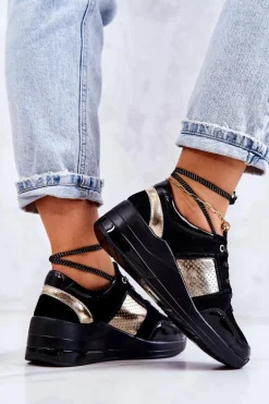 Damskie Zamszowe Buty Sportowe Na Koturnie Czarne Larson