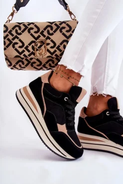 Damskie Zamszowe Buty Sportowe Czarno-Beżowe Elisse