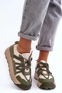 Damskie Zamszowe Buty Sportowe Na Platformie Beżowo-Zielone Rohan