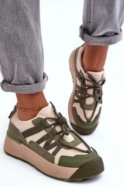 Damskie Zamszowe Buty Sportowe Na Platformie Beżowo-Zielone Rohan