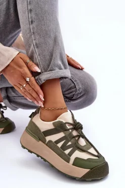 Damskie Zamszowe Buty Sportowe Na Platformie Beżowo-Zielone Rohan