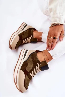 Damskie Zamszowe Buty Sportowe Zielono-Beżowe Elisse