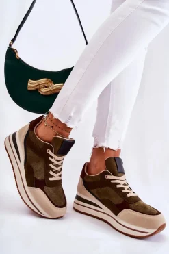 Damskie Zamszowe Buty Sportowe Zielono-Beżowe Elisse