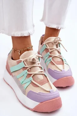 Damskie Zamszowe Buty Sportowe Na Platformie Beżowo-Różowe Rohan