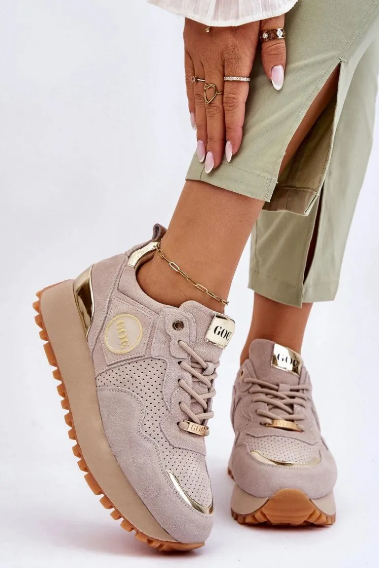 Damskie Zamszowe Buty Sportowe Na Platformie GOE LL2N4001 Beżowe