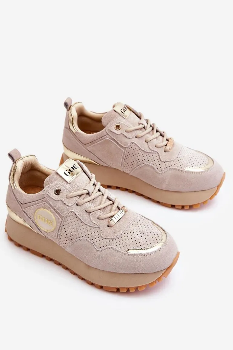 Damskie Zamszowe Buty Sportowe Na Platformie GOE LL2N4001 Beżowe