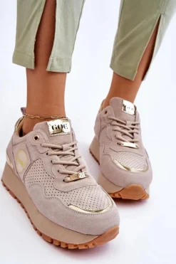 Damskie Zamszowe Buty Sportowe Na Platformie GOE LL2N4001 Beżowe