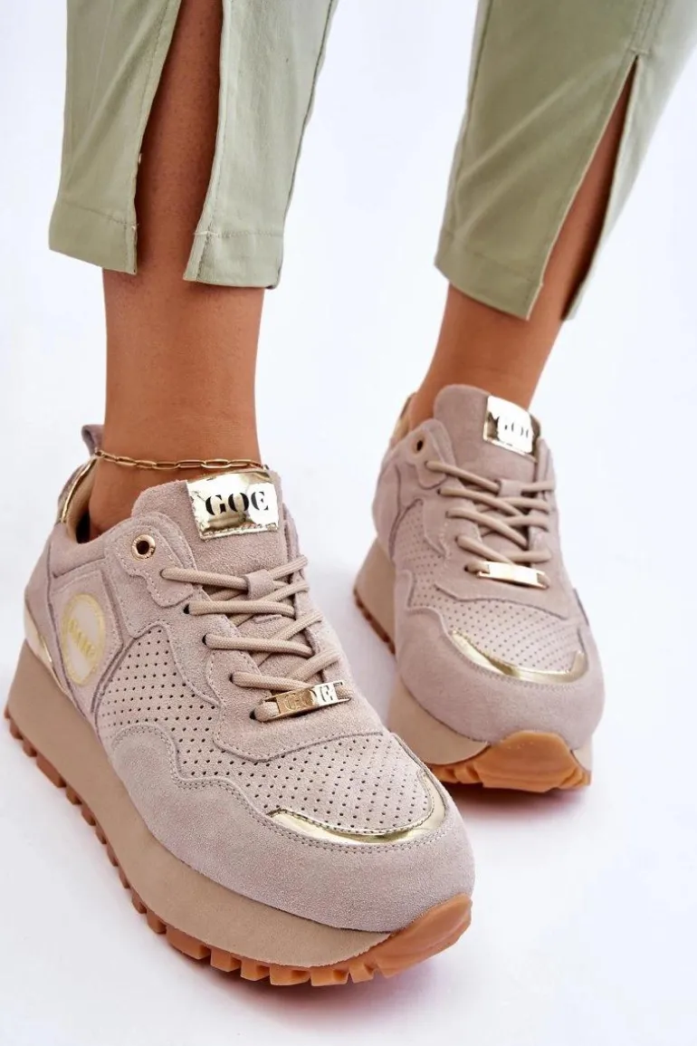Damskie Zamszowe Buty Sportowe Na Platformie GOE LL2N4001 Beżowe