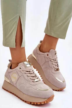 Damskie Zamszowe Buty Sportowe Na Platformie GOE LL2N4001 Beżowe
