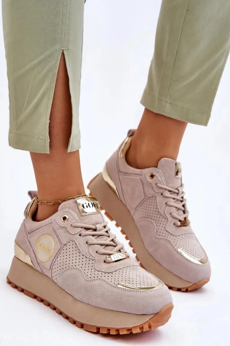 Damskie Zamszowe Buty Sportowe Na Platformie GOE LL2N4001 Beżowe
