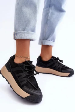 Damskie Zamszowe Buty Sportowe Na Platformie Czarne Rohan