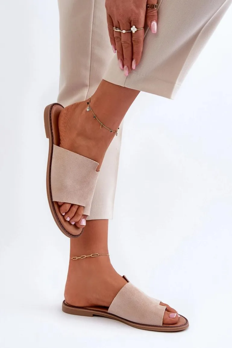 Damskie Zamszowe Klapki Japonki Beżowe Amite