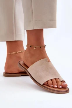 Damskie Zamszowe Klapki Japonki Beżowe Amite