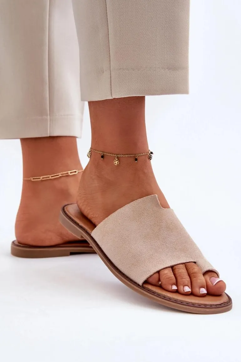 Damskie Zamszowe Klapki Japonki Beżowe Amite