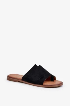 Damskie Zamszowe Klapki Japonki Czarne Amite