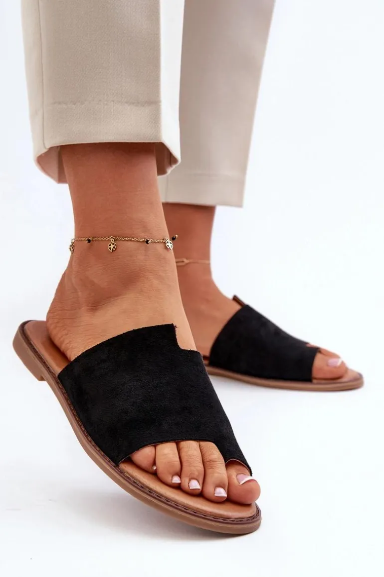 Damskie Zamszowe Klapki Japonki Czarne Amite