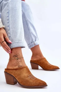 Damskie Zamszowe Klapki Kowbojki Camel Romina