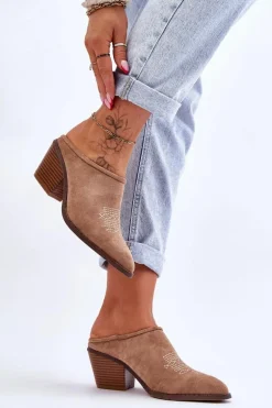 Damskie Zamszowe Klapki Kowbojki Beżowe Romina