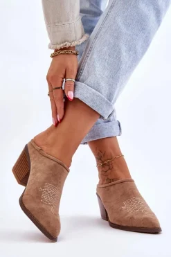 Damskie Zamszowe Klapki Kowbojki Beżowe Romina