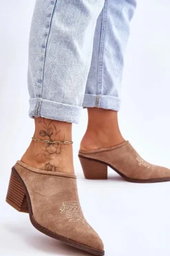 Damskie Zamszowe Klapki Kowbojki Beżowe Romina