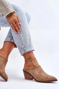 Damskie Zamszowe Klapki Kowbojki Beżowe Romina