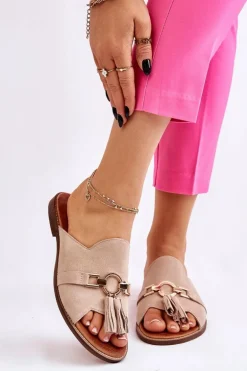 Damskie Zamszowe Klapki Lewski Shoes 3226 Beżowe