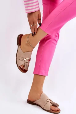 Damskie Zamszowe Klapki Lewski Shoes 3226 Beżowe