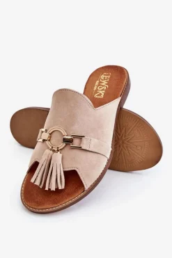 Damskie Zamszowe Klapki Lewski Shoes 3226 Beżowe