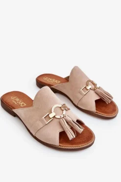 Damskie Zamszowe Klapki Lewski Shoes 3226 Beżowe