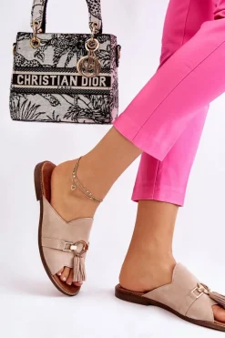 Damskie Zamszowe Klapki Lewski Shoes 3226 Beżowe