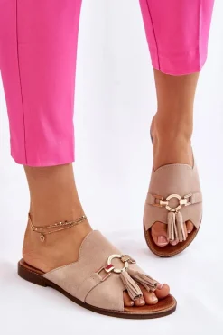 Damskie Zamszowe Klapki Lewski Shoes 3226 Beżowe