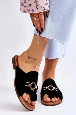 Damskie Zamszowe Klapki Lewski Shoes 3226 Czarne