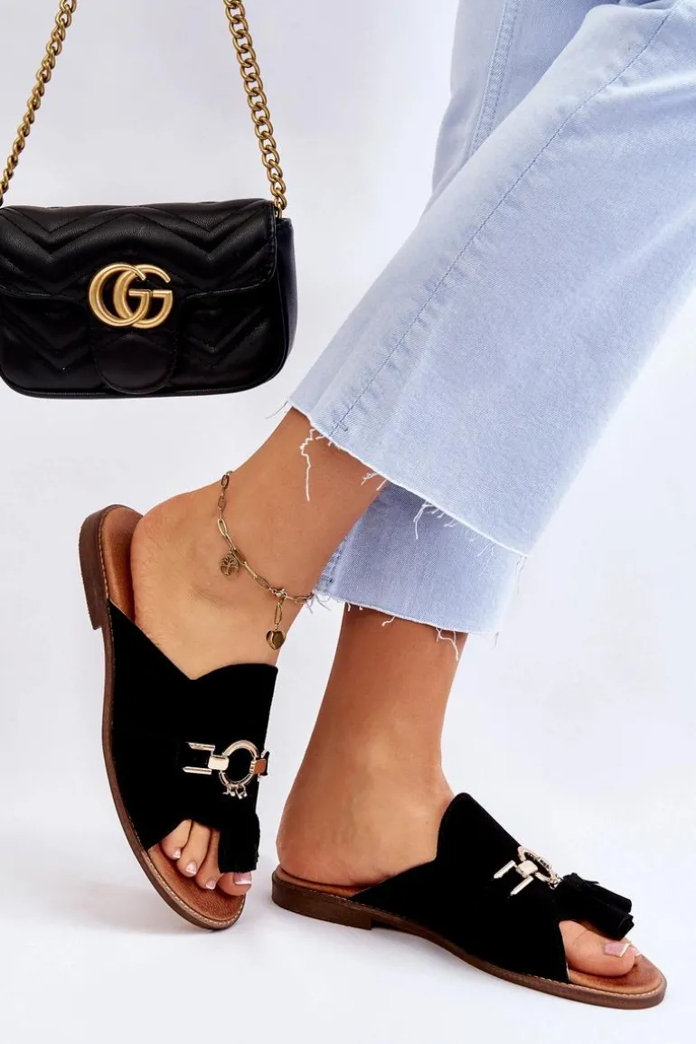 Damskie Zamszowe Klapki Lewski Shoes 3226 Czarne