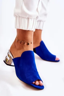 Damskie Zamszowe Klapki Na Obcasie Granatowe Marine