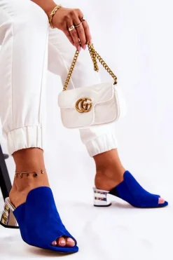 Damskie Zamszowe Klapki Na Obcasie Granatowe Marine