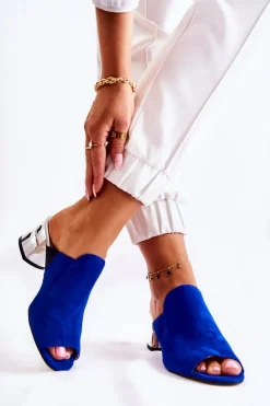 Damskie Zamszowe Klapki Na Obcasie Granatowe Marine