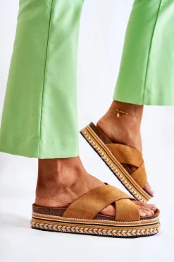 Damskie Zamszowe Klapki Na Platformie Camel Jossie