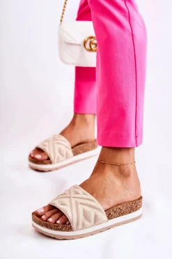 Damskie Zamszowe Klapki Na Masywnej Platformie Beżowe Heritta