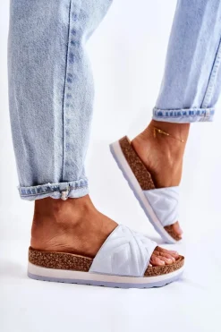 Damskie Zamszowe Klapki Na Masywnej Platformie Niebieskie Heritta